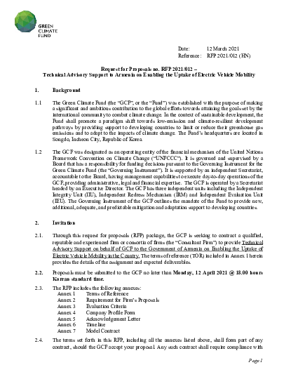 Download Technical Advisory Support to Armenia on Enabling the Uptake of Electric Vehicle Mobility