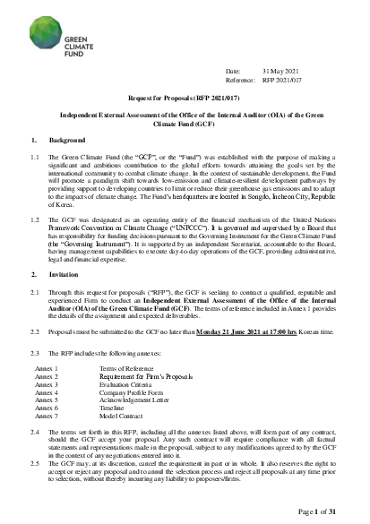 Download Independent External Assessment of the Office of the Internal Auditor (OIA) of the Green Climate Fund (GCF)