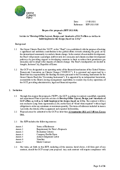 Download Service to “Develop Office Layout, Design, and Standards of GCF offices as well as to build/implement the design (based on LTA)”