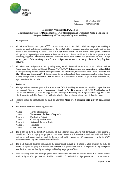 Download Consultancy Services for Development of GCF Monitoring and Evaluation (M&E) Module Content to Support the Delivery of Training and Capacity Building