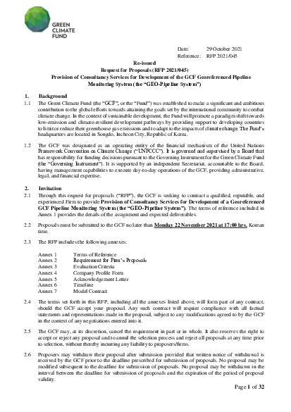 Download Re-Issued: Consultancy Services for Development of the GCF Georeferenced Pipeline Monitoring System (the “GEO-Pipeline System”)