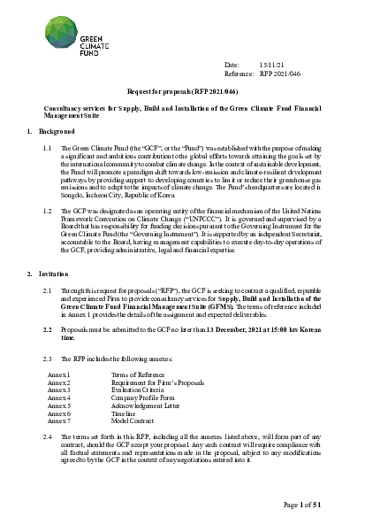 Download Consultancy services for Supply, Build and Installation of the Green Climate Fund Financial Management Suite