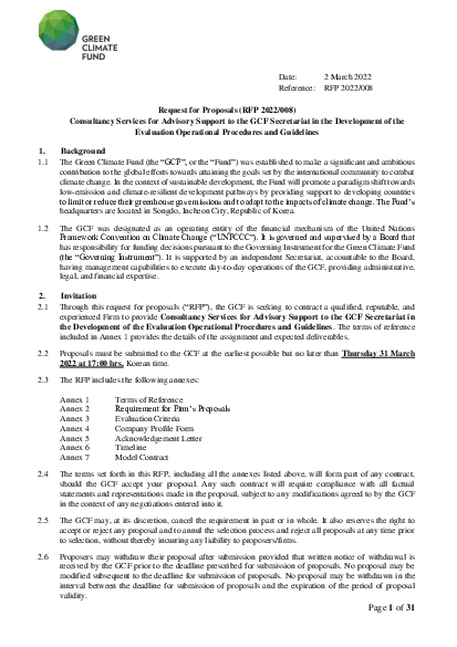 Download Consultancy Services for Advisory Support to the GCF Secretariat in the Development of the Evaluation Operational Procedures and Guidelines