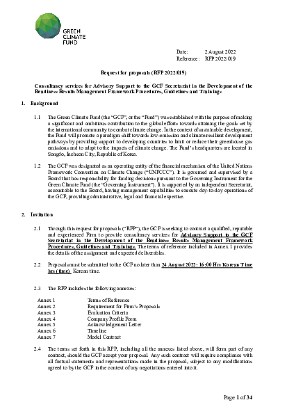 Download Consultancy services for Advisory Support to the GCF Secretariat in the Development of the Readiness Results Management Framework Procedures, Guidelines and Trainings