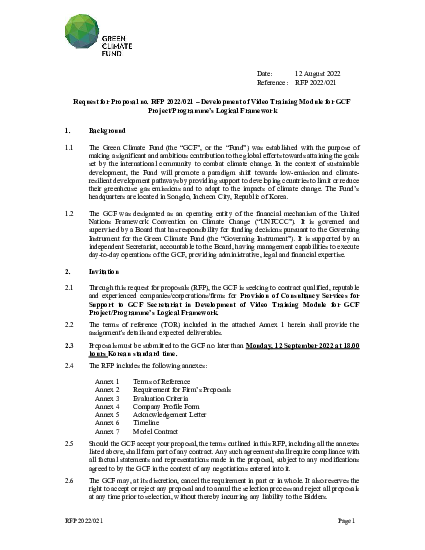 Download Provision of Consultancy Services for Support to GCF Secretariat in Development of Video Training Module for GCF Project/Programme’s Logical Framework