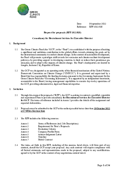 Download RFP 2022 028 - Provision of Recruitment Service for the Executive Director of the Green Climate Fund Secretariat