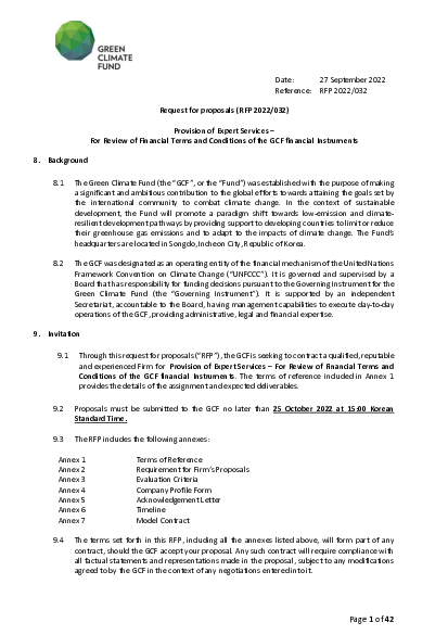 Download RFP 2022/032 – Provision of Expert Services – For Review of Financial Terms and Conditions of the GCF financial Instruments.