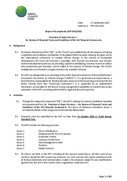 Download RFP 2022/032 –  Provision of Expert Services – For Review of Financial Terms and Conditions of the GCF financial Instruments. 