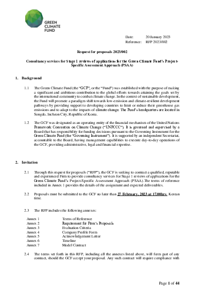 Download Consultancy services for Stage 1 reviews of applications for the Green Climate Fund’s Project-Specific Assessment Approach (PSAA)