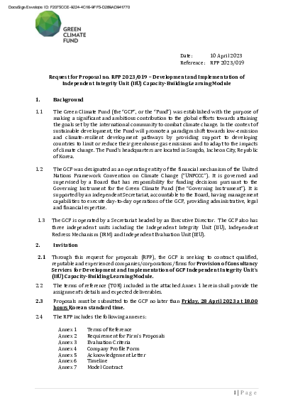 Download Consultancy Services for Development and Implementation of GCF Independent Integrity Unit’s (IIU) Capacity-Building Learning Module.