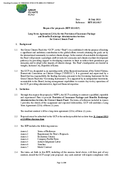 Download Long Term Agreement (LTA) for the Provision of Insurance Package and Benefits Brokerage Administration Services for Green Climate Fund