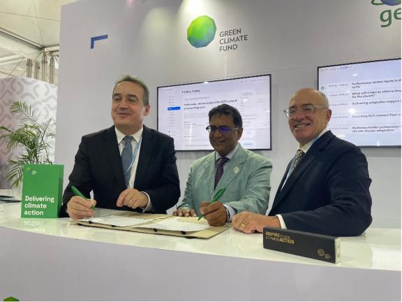 (left to right) Yannick Glemarec, GCF Executive Director; Avinash Persaud, Special Envoy to the Prime Minister on Climate Finance; and Craig Cogut, Pegasus CEO at the PPF signing for the Blue-Green Investment Corporation