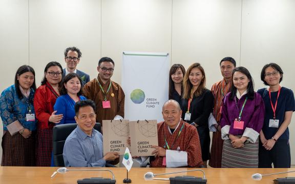 Rinchen Wangmo, Procurement Officer, BTFEC; Sonam Wangmo, Head of HR and Administration, BTFEC; Ugyen Tshering, GCF Program Coordinator, BTFEC, Tshering Choden, Assistant Program Coordinator, Ministry of Finance (NDA/lead EE for CARE-LG); right to left, third row: Kinley Tshering, Chief Program Officer, BTFEC.