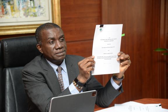 Dr Tony Okpanachi, Managing Director of DBN, at the virtual grant agreement signing event.