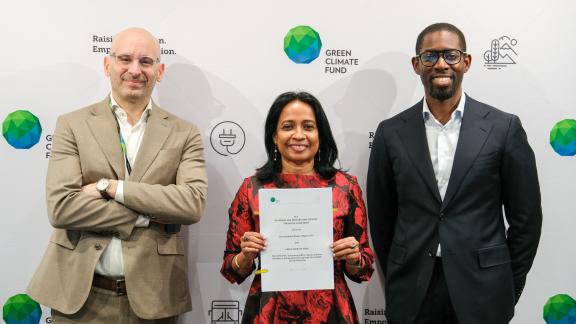 Pavlos Troulis, GCF Head of Readiness Programme, Achala Abeysinghe, GCF Director of Investment Services, and Landry Ahouansou, GCF Regional Manager for West Africa (left to right) at the virtual grant agreement signing event.
