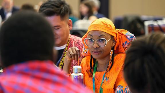 Hindou Oumarou Ibrahim of Mbororo Indigenous People, also Coordinator of the Association des Femmes Peules et des Peuples Autochtones du Tchad during a breakout session on identifying lessons, gaps, and recommendations to strengthen access to climate finance for Indigenous Peoples. Photo credit: GCF