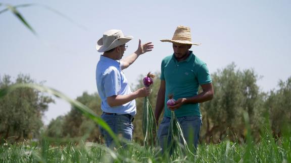 Oussama (right) in discussion with a representative from the Ministry of Agriculture, Fisheries, Rural Development, Water and Forests about water pumps he had to install in his farm to address ongoing irrigation challenges. Photo: GCF/Christopher Rompré