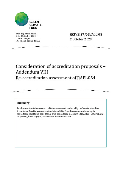 Document cover for Consideration of accreditation proposals – Addendum VIII: Re-accreditation assessment for RAPL054