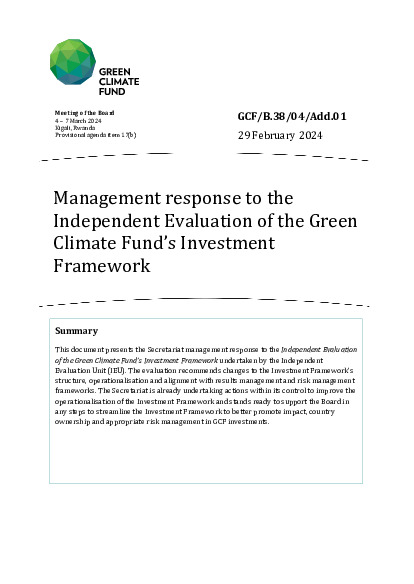 Document cover for Management response to the Independent Evaluation of the Green Climate Fund’s Investment Framework